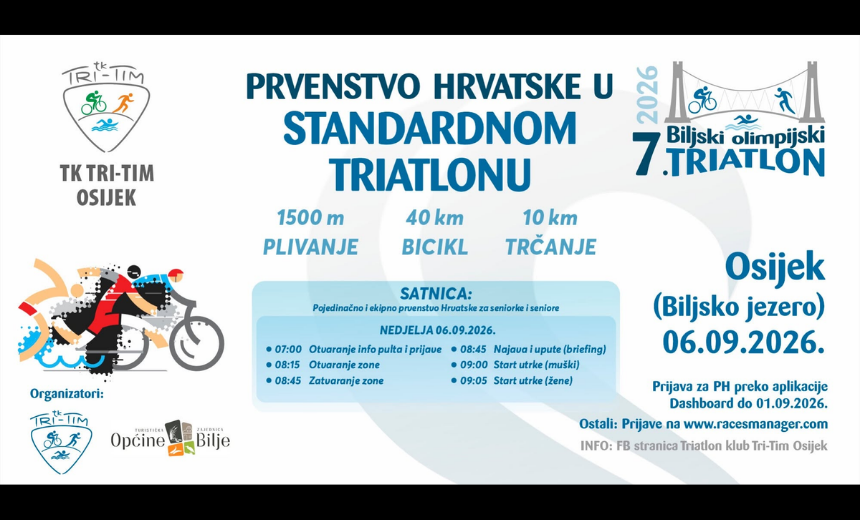 Program 7. Biljskog olimpijskog triatlona i Prvenstva Hrvatske u standardnom triatlonu na Biljskom jezeru