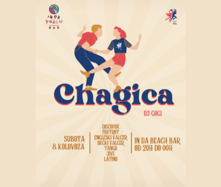 Plakat za Chagicu – plesnu večer u In Da Beach Baru u Osijeku 8. kolovoza 2026.