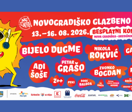 Službeni plakat Novogradiškog glazbenog ljeta 2026. s programom izvođača od 13. do 16. kolovoza u Novoj Gradiški.