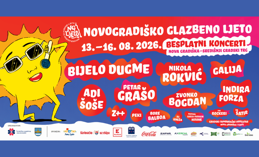 Službeni plakat Novogradiškog glazbenog ljeta 2026. s programom izvođača od 13. do 16. kolovoza u Novoj Gradiški.