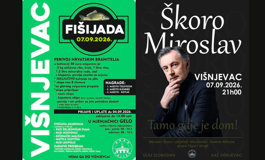 Miroslav Škoro u Višnjevcu 7. rujna 2026. uz Miju Dimšić, Vedrana Mlikotu i grupu Vigor