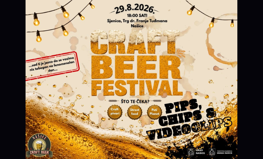 Vizual Craft Beer Festivala u Našicama s pivom, datumom održavanja te najavom koncerata Petog Planeta i Pips, Chips & Videoclips.
