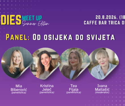 Panel rasprava s četiri žene na pozornici pred publikom tijekom Ladies Meet Up Summer Edition događaja u Osijeku.