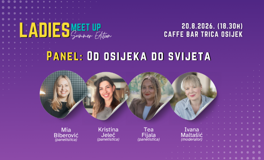 Panel rasprava s četiri žene na pozornici pred publikom tijekom Ladies Meet Up Summer Edition događaja u Osijeku.