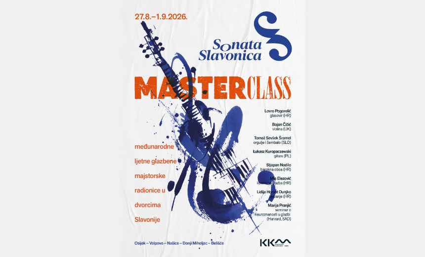 Apstraktna ilustracija gitare i glazbenih motiva uz naziv Sonata Slavonica Masterclass 2026
