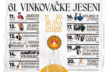 Program 61. Vinkovačkih jeseni s najavljenim koncertima Jakova Jozinovića, Jelene Rozge, Vojka V, Slavonskih Lola, Mate Bulića i Tonyja Cetinskog.