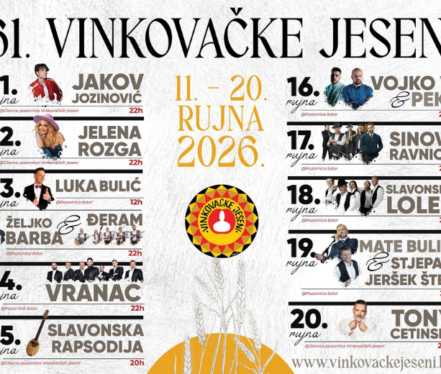 Program 61. Vinkovačkih jeseni s najavljenim koncertima Jakova Jozinovića, Jelene Rozge, Vojka V, Slavonskih Lola, Mate Bulića i Tonyja Cetinskog.