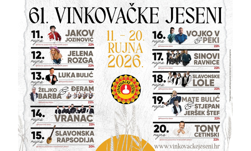Program 61. Vinkovačkih jeseni s najavljenim koncertima Jakova Jozinovića, Jelene Rozge, Vojka V, Slavonskih Lola, Mate Bulića i Tonyja Cetinskog.
