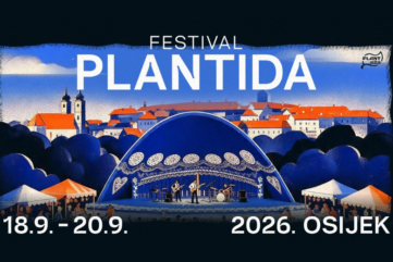 Ilustracija festivala PLANTida u Osijeku s festivalskom pozornicom i sajamskim kućicama
