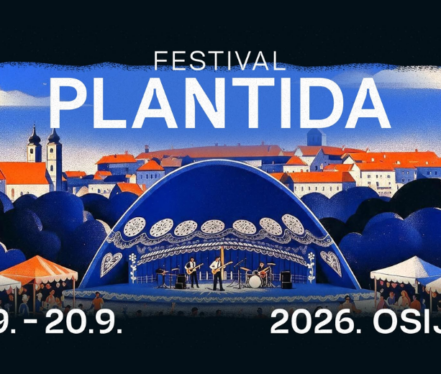 Ilustracija festivala PLANTida u Osijeku s festivalskom pozornicom i sajamskim kućicama