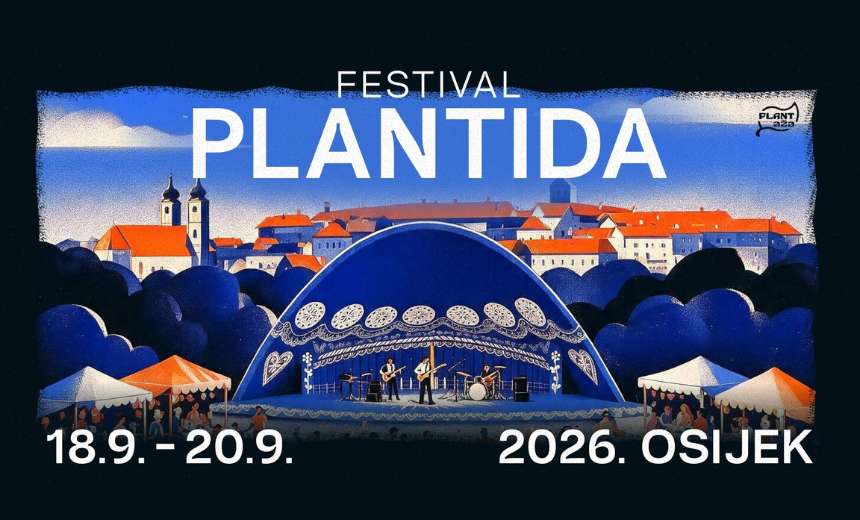 Ilustracija festivala PLANTida u Osijeku s festivalskom pozornicom i sajamskim kućicama