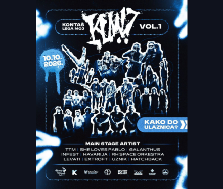festivalski vizual s popisom izvođača na Main i Hush stageu festivala Kontaš Lega Moj!? Vol.1