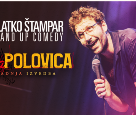 Vlatko Štampar na crvenoj pozadini uz naslov Bolja polovica i najavu posljednje izvedbe u Vukovaru 8. listopada