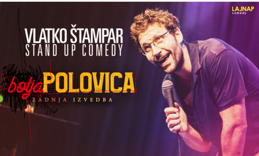 Vlatko Štampar na crvenoj pozadini uz naslov Bolja polovica i najavu posljednje izvedbe u Vukovaru 8. listopada